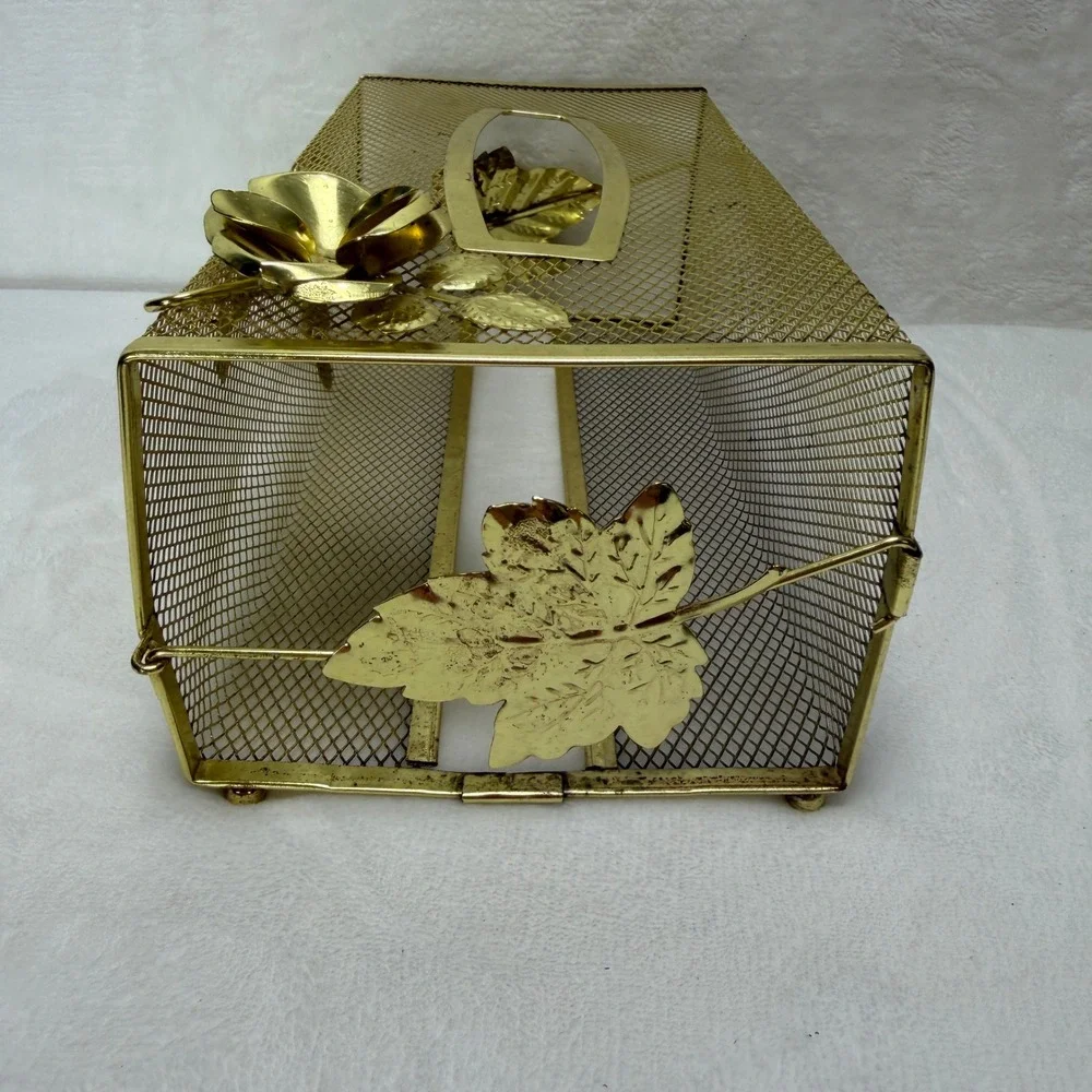 VTG‎ Gold Tone Mesh Tissue Box Cover Holder Hollywood Regency Rose Floral Metal